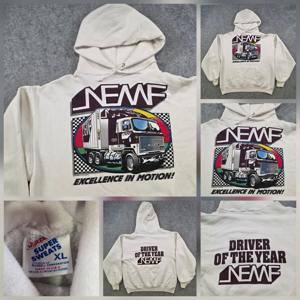 Vintage NEMF Jerzees Hoodie Mens XL White Truck Driver Graphic Sweatshirt
